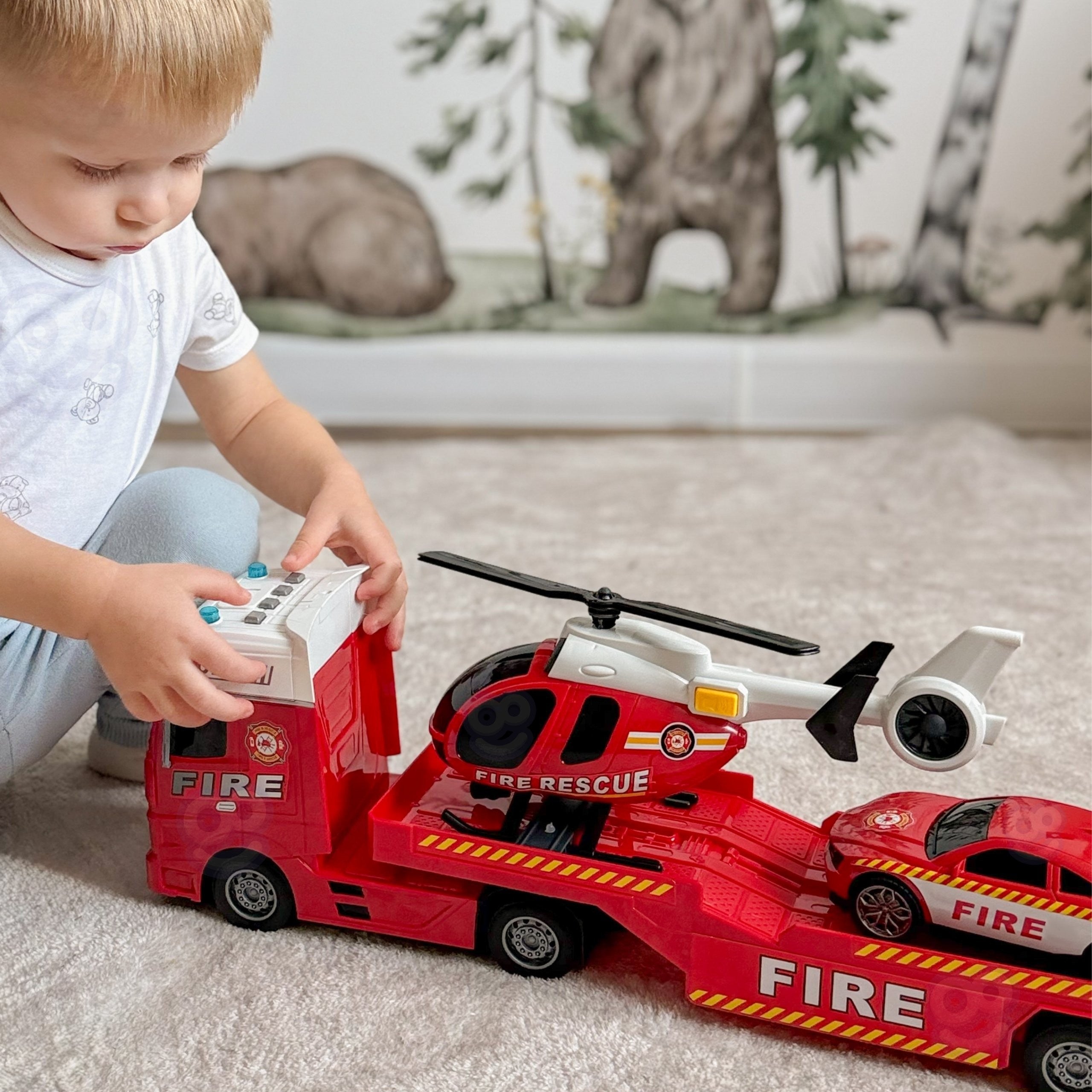 Woopie Juego de vehículos Camión de bomberos Helicóptero Coche Luz de sonido