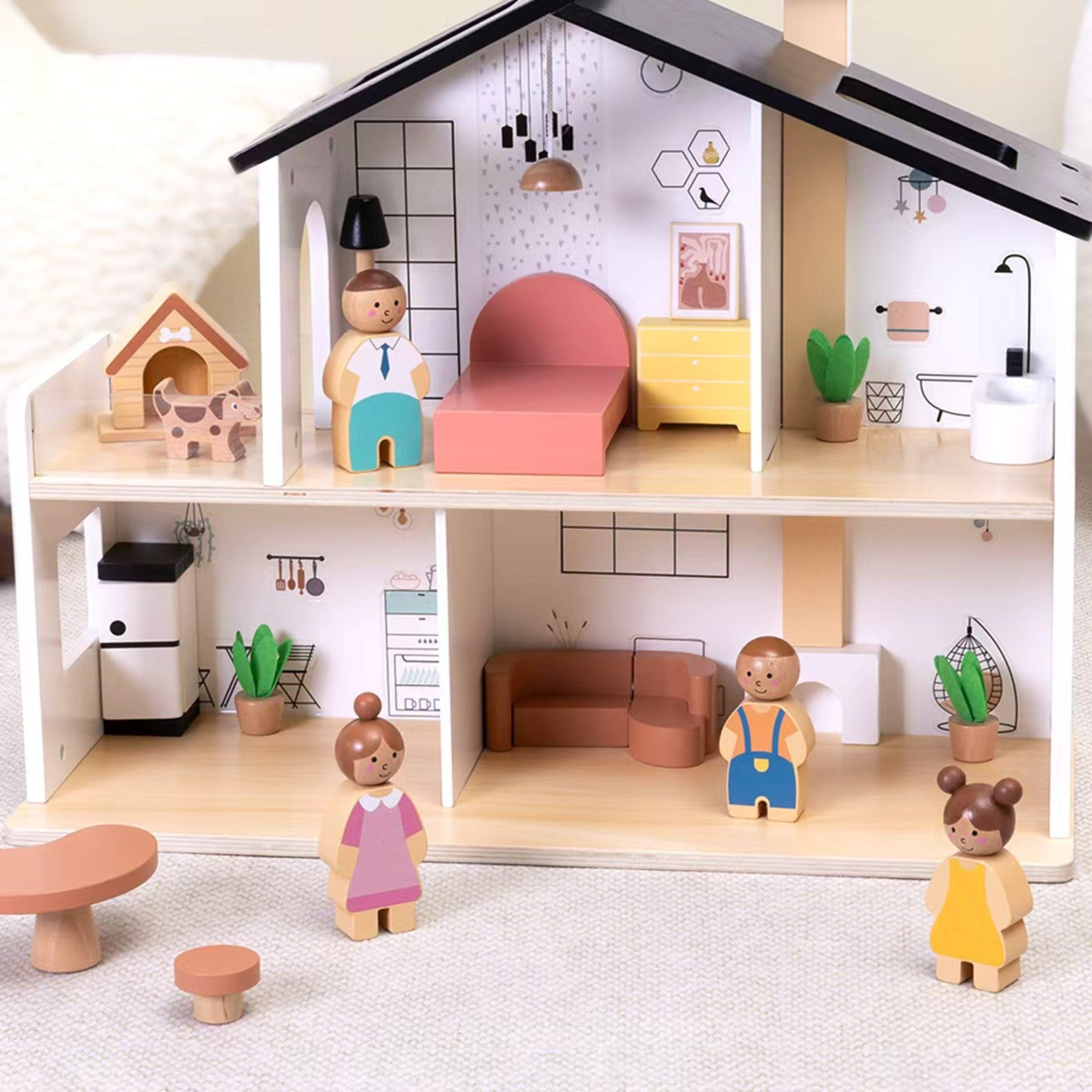 Tooky Toy Wooden Dollhouse With Accessories And Family 20 Pcs.