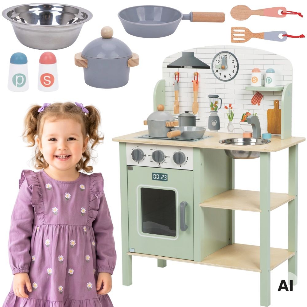 Cuisine en bois vert Tooky Toy avec accessoires
