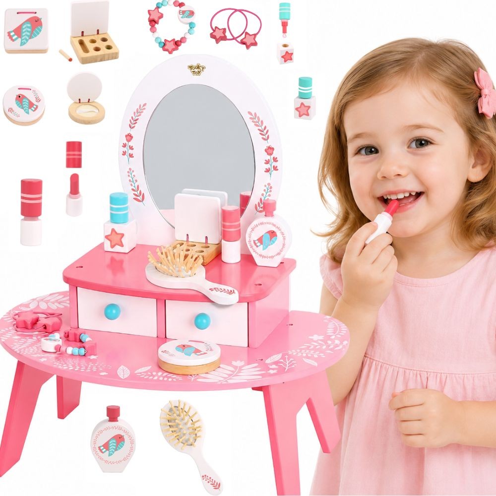 Tooky Toy Розова дървена тоалетка за грим с огледало