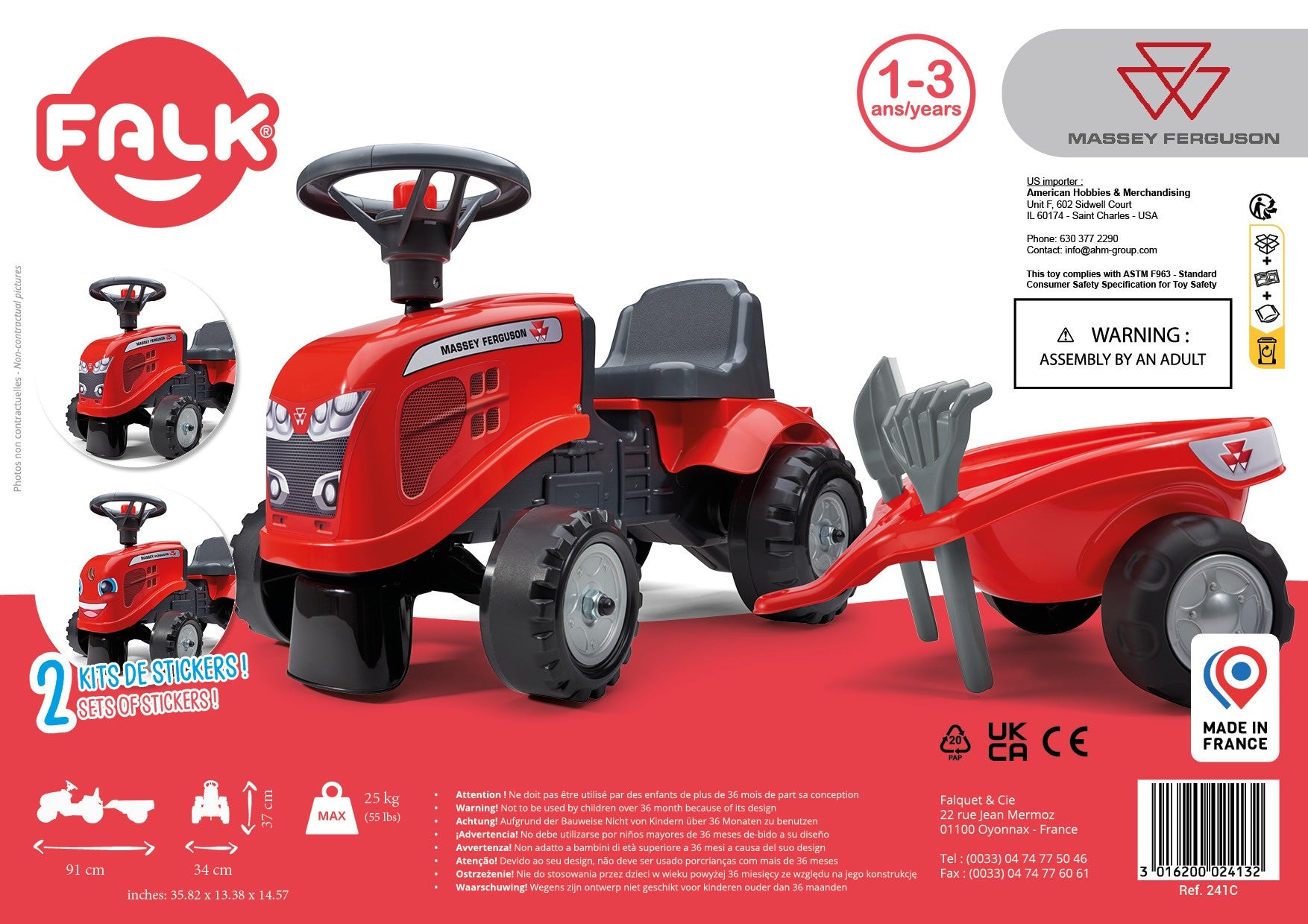 Falk Baby Massey Ferguson Red Tractor With Trailer + Accessories. From 1 Year