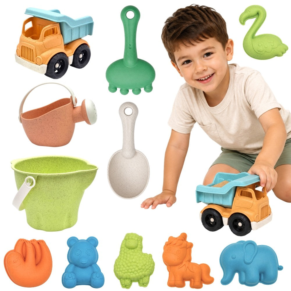 Conjunto de balde de areia verde Woopie com carro 11 peças. Material Orgânico Biodegradável