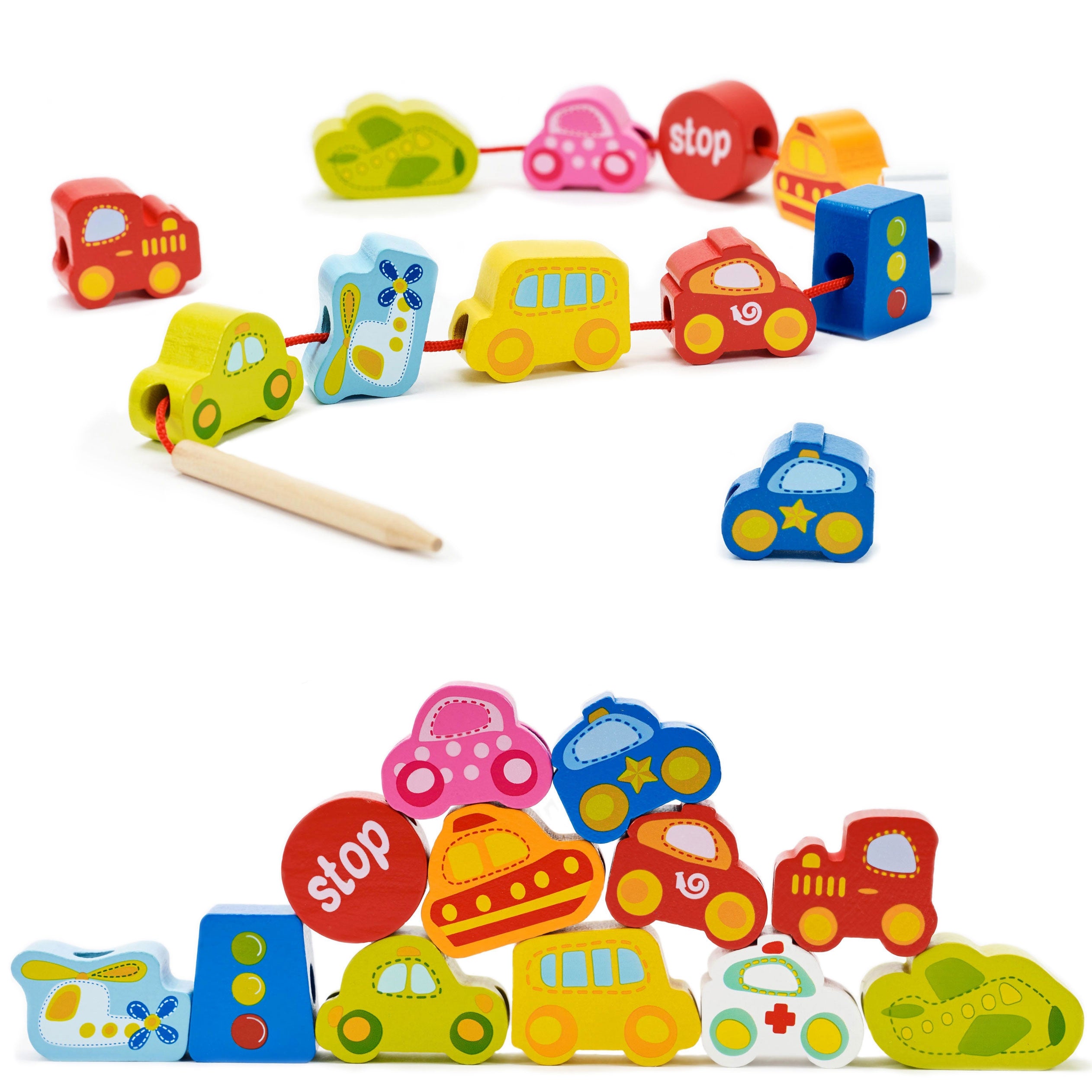 Classic World Wooden Threading Blocks Road Traffic 13 db.
