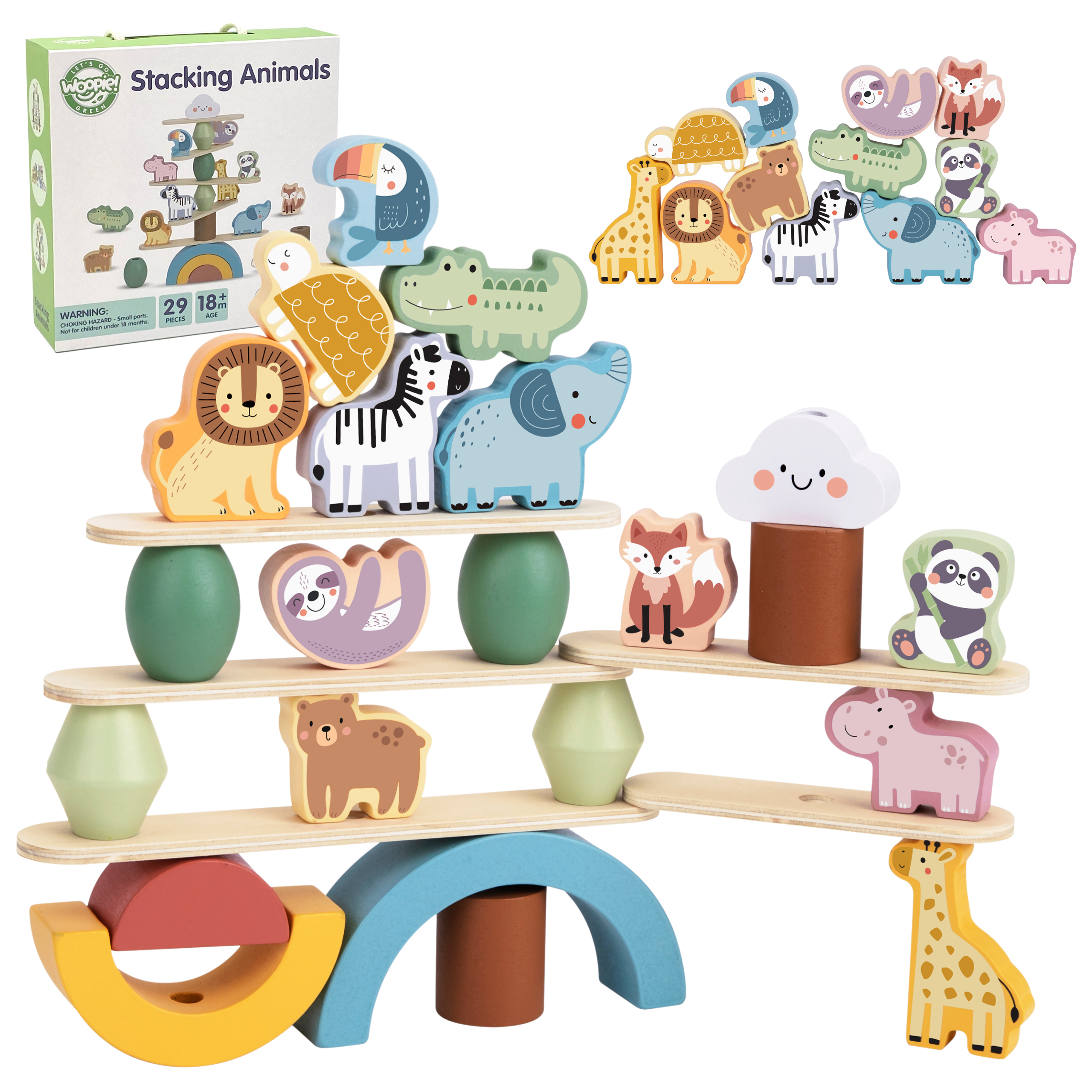 Woopie Green Balancing Wooden Animals Stacking Puzzle Fsc