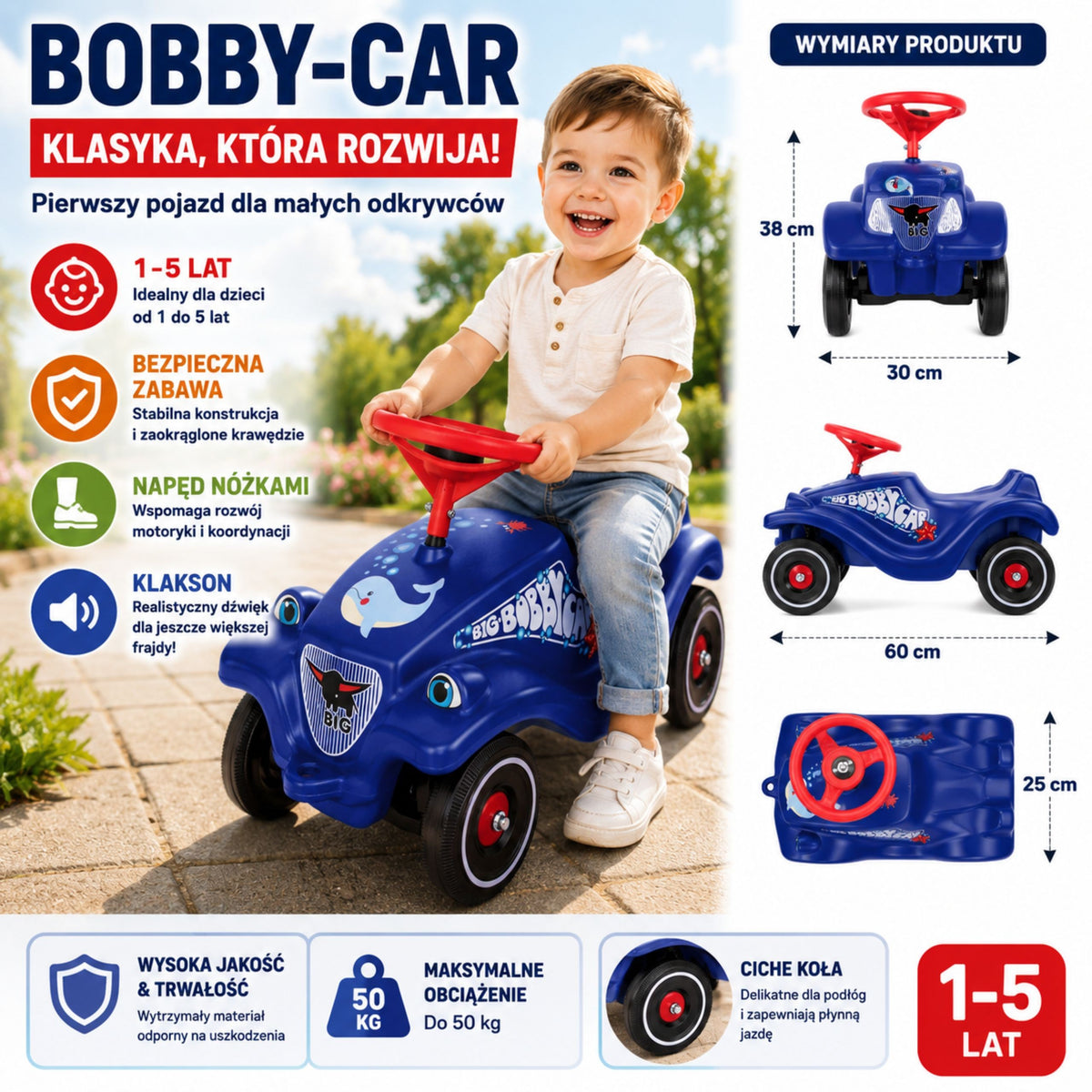 Duży, klasyczny pojazd Bobby Car z rysunkiem delfinów