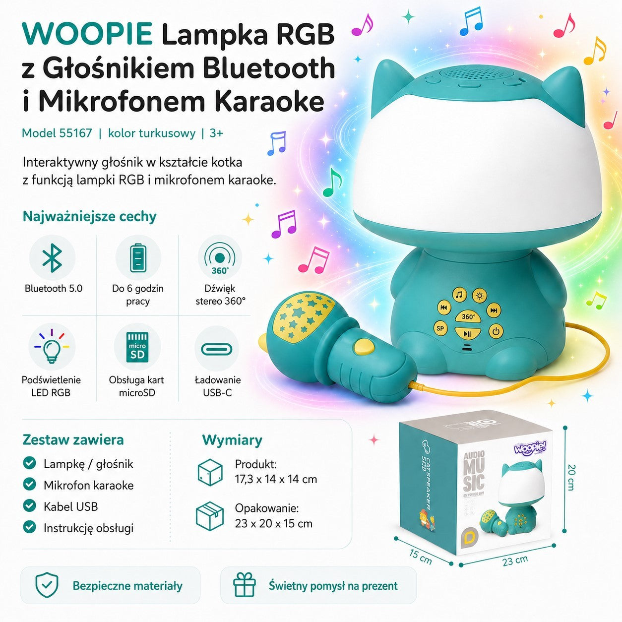 Woopie Lampe Rgb Multifonctionnelle Haut-Parleur Bluetooth Karaoké Modulateur Vocal Carte SD Aux Turquoise
