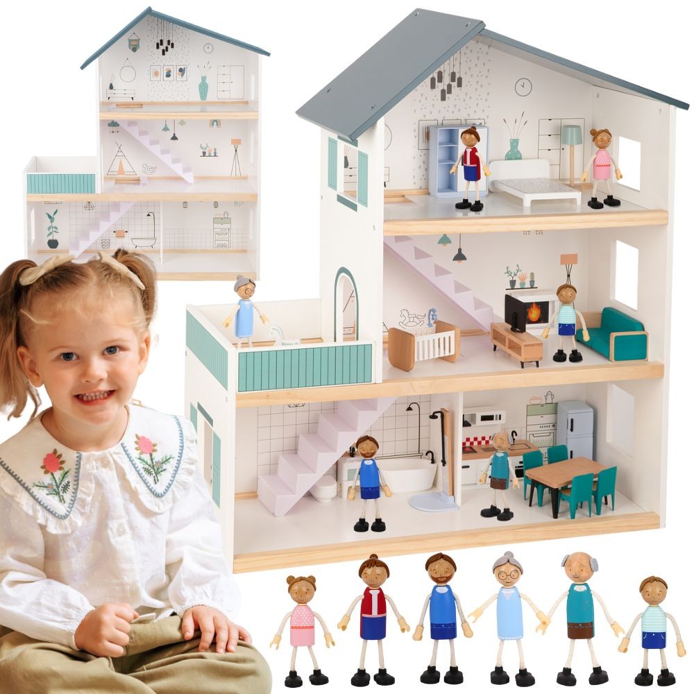 Tooky Toy Dollhouse Adhmaid Mór + Fíoracha Fsc