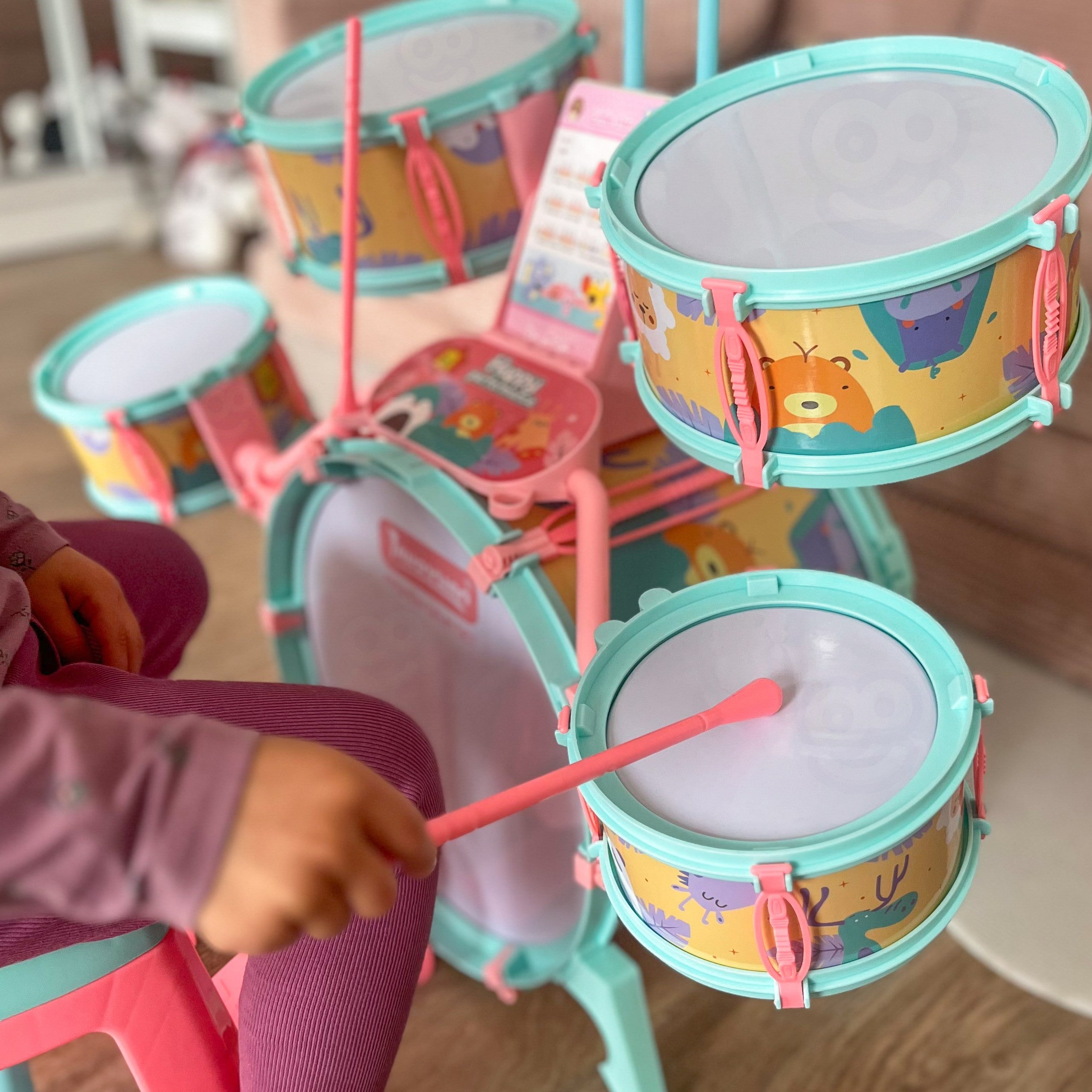 Woopie Percussion Éducative Pour Enfants 5 Tambours 1 Cymbale + Tabouret Thème Animal