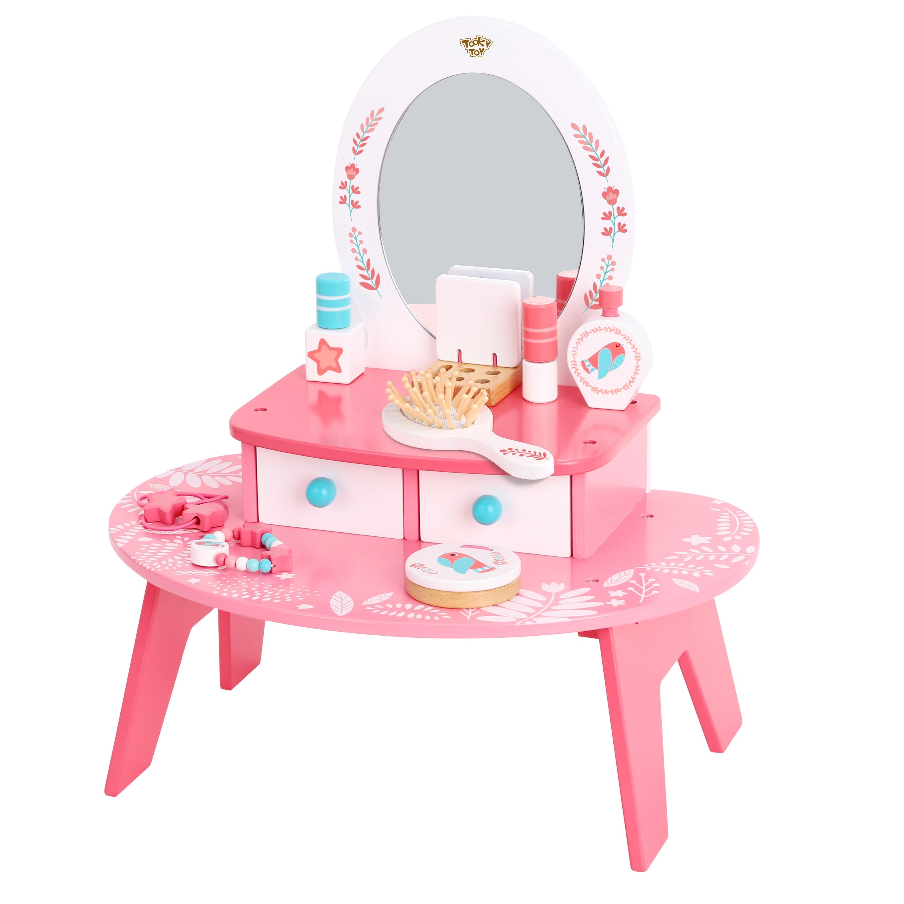 Tooky Toy Розова дървена тоалетка за грим с огледало
