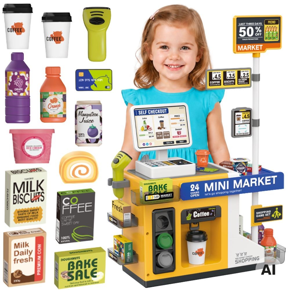 Woopie Mini Market Interactive Cash Register Scanner Accessories Sounds Light