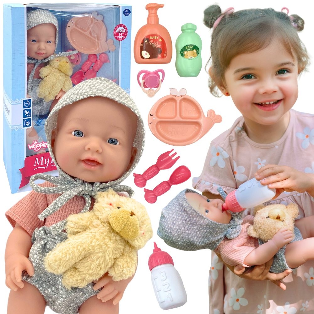 Woopie Royal Baby Doll 36 Cm In Teddy Bear Outfit Feeding Accessories