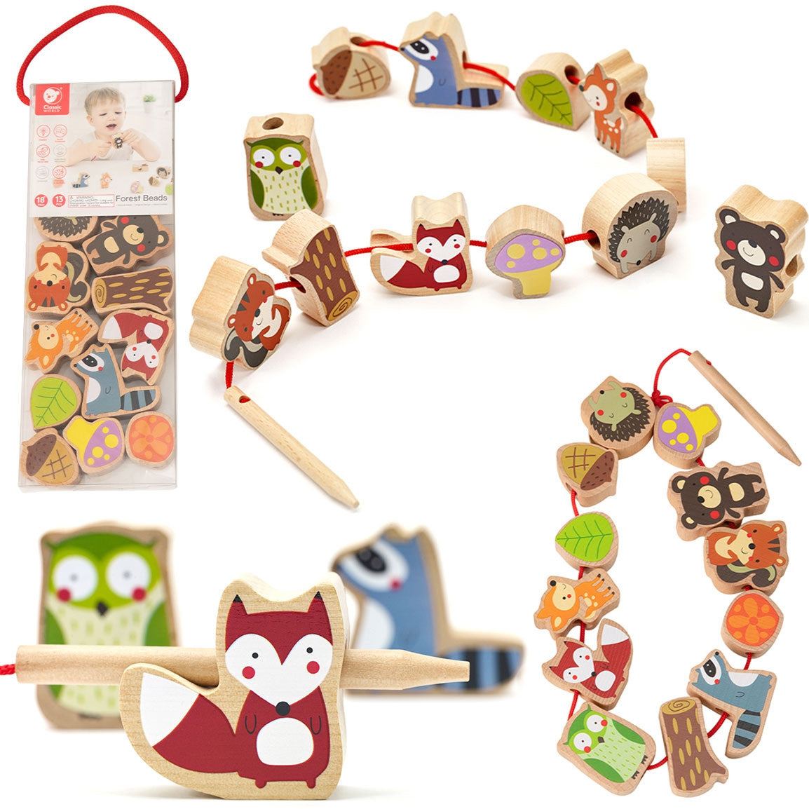 Classic World Wooden Threading Blocks Forest Animals 13 Pcs.