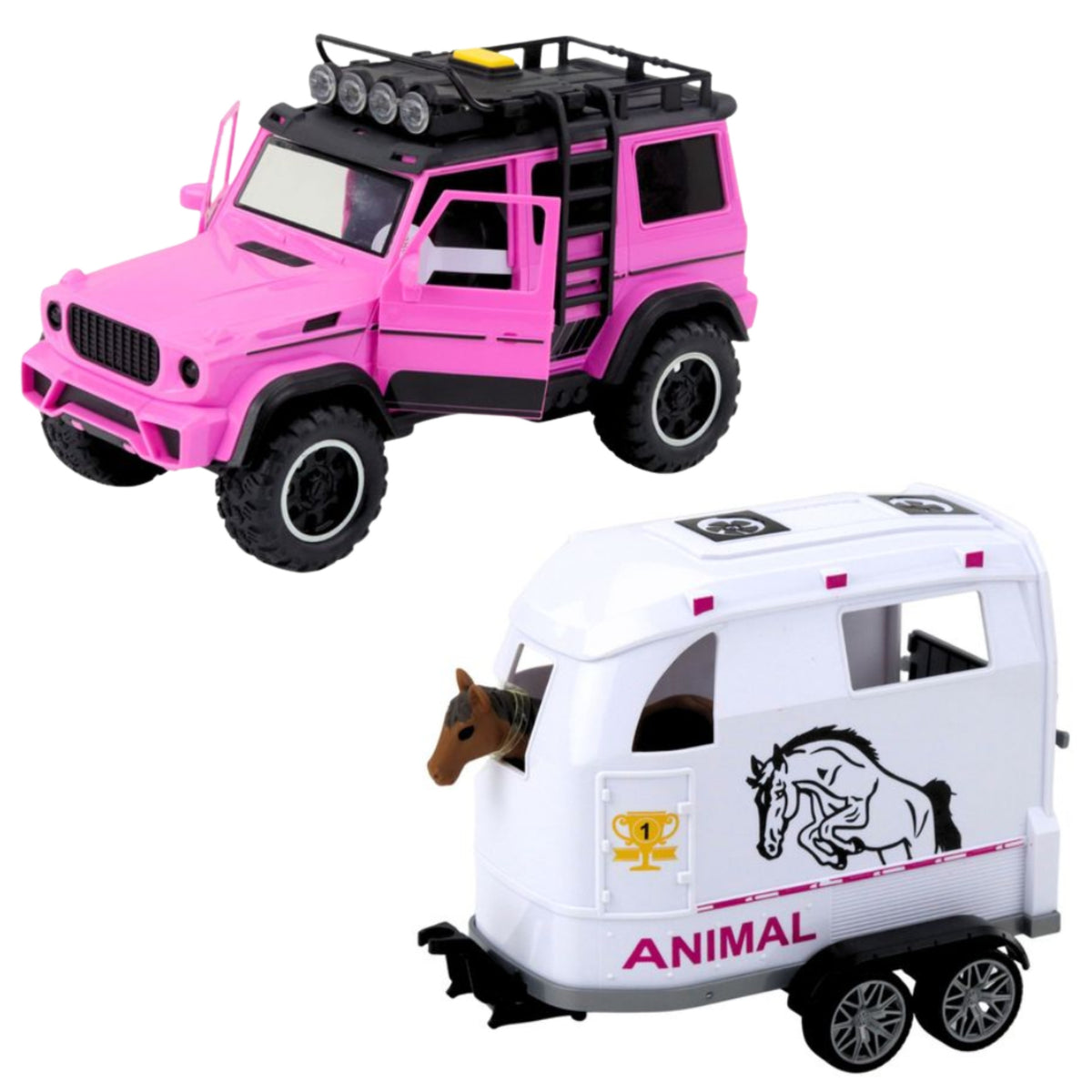 Set de vehículo todoterreno rosa Woopie con remolque y figura de caballo