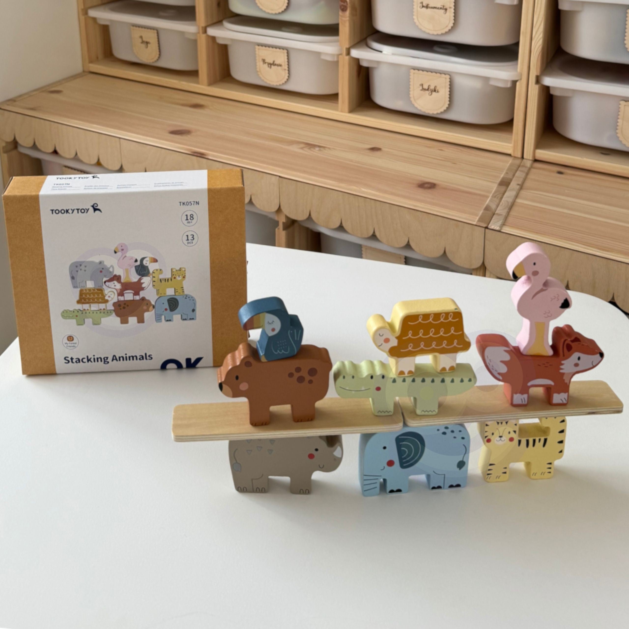 Tooky Toy Wooden Blocks Puzzle Tower Stacker Stacks Animals Montessori 13 Pcs.
