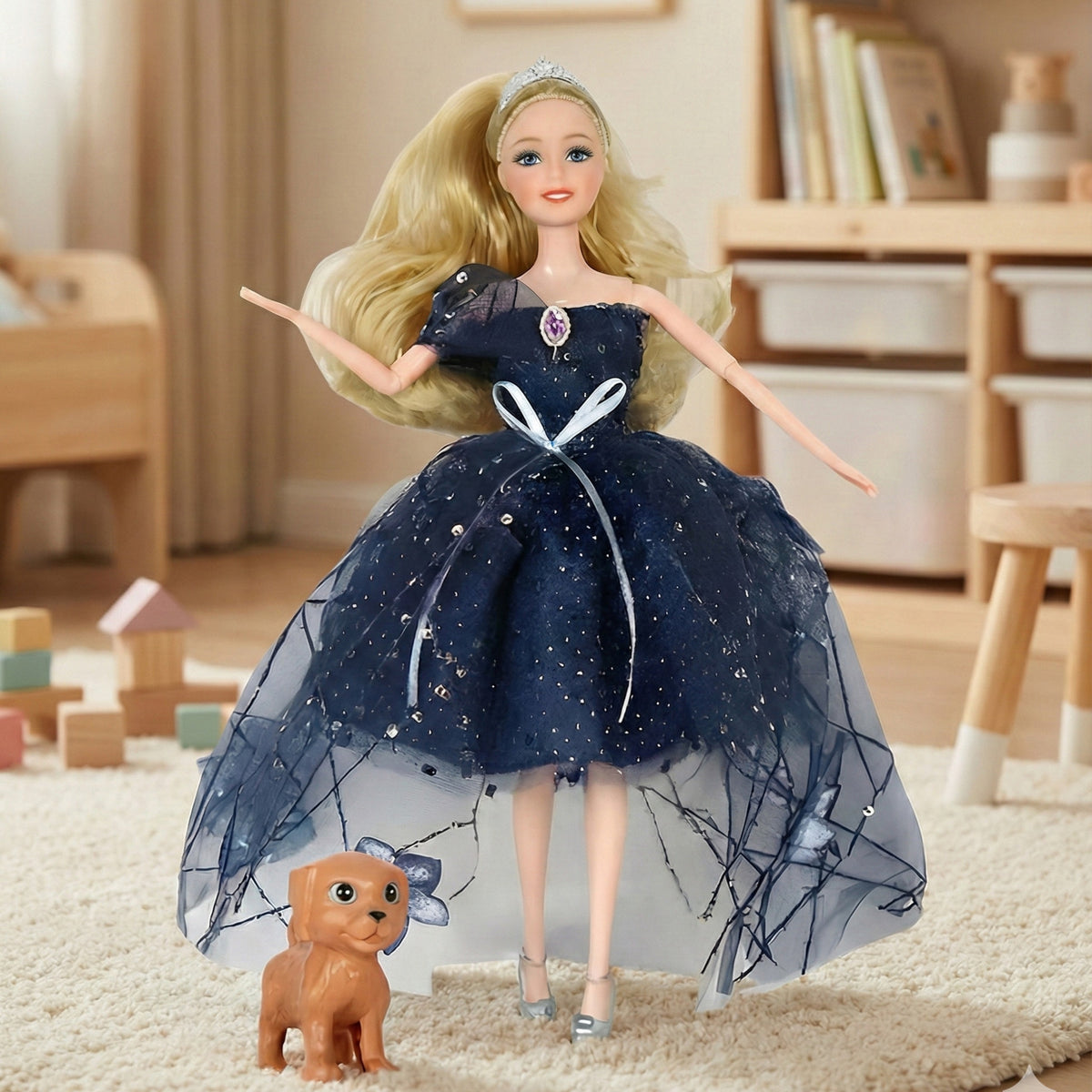 Woopie Royal Emi Doll i gCoróin agus gúna Dubh Doggie