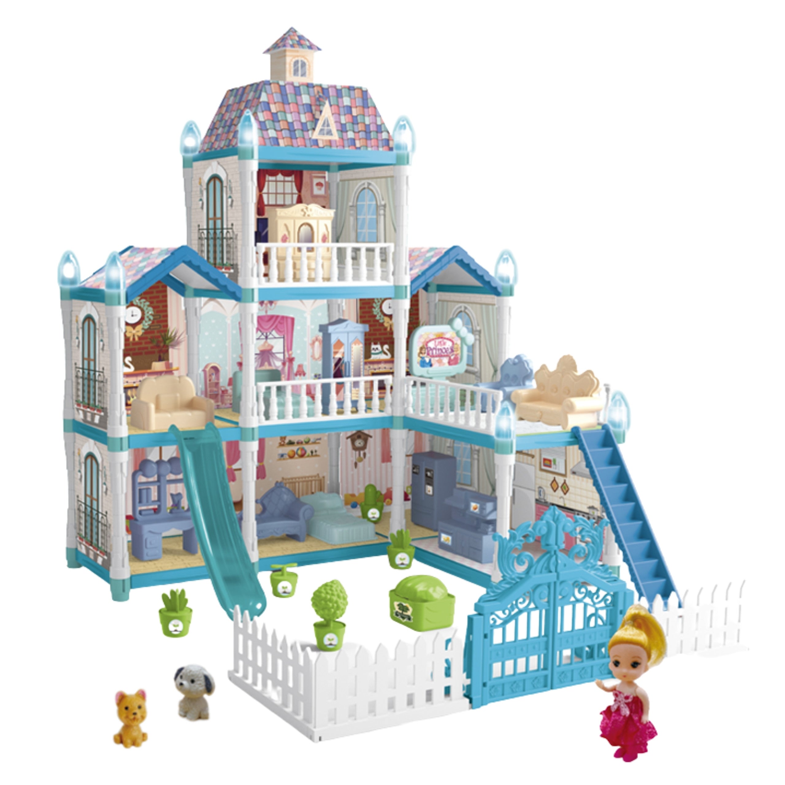 Casa de bonecas Woopie Winter Garden com acessórios e boneca iluminada 191 peças.