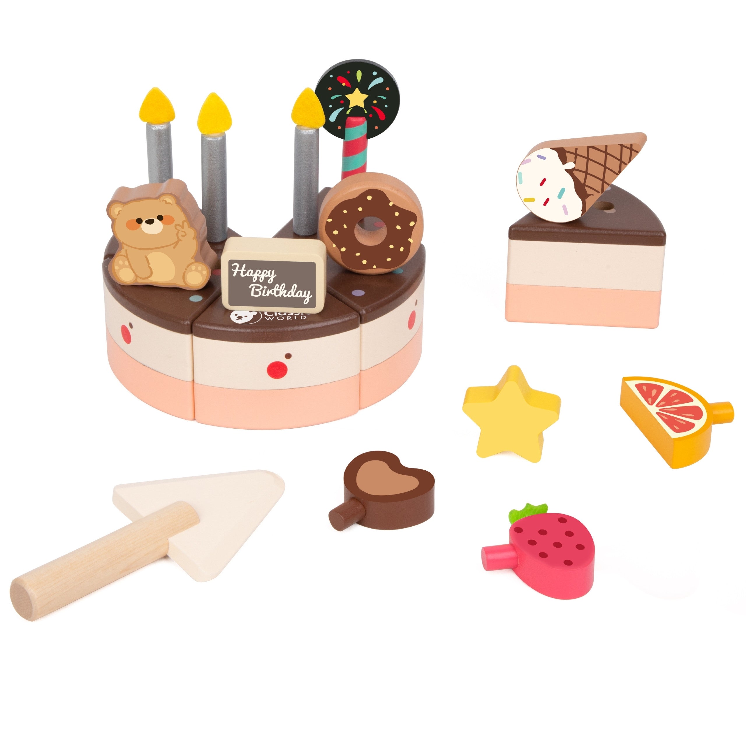 Bolo de aniversário de madeira clássico do mundo para cortar 19 peças.