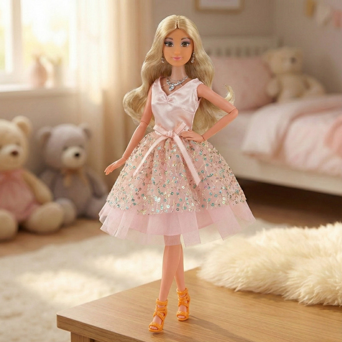 Woopie Royal Lily Doll 30 cm długie blond włosy różowa sukienka biżuteria