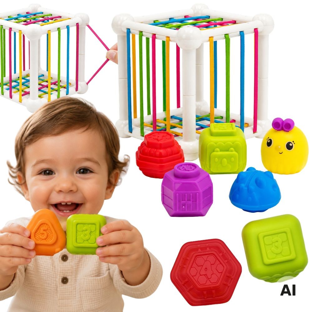 Woopie Baby Flexible Sensory Cube Sorter For Children Animals + Rattle 7 Pcs.