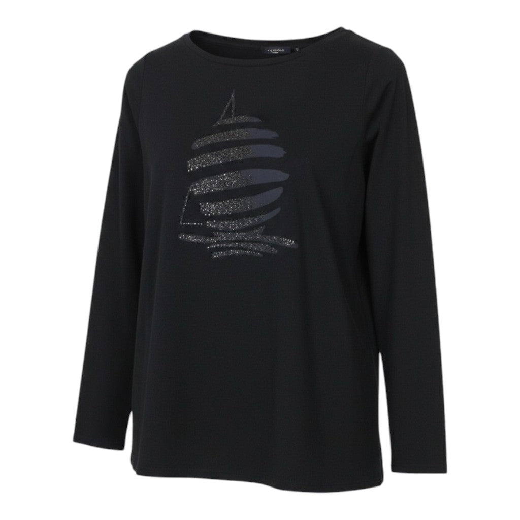 Marina Yachting Camiseta feminina preta com gola redonda e strass pull-on