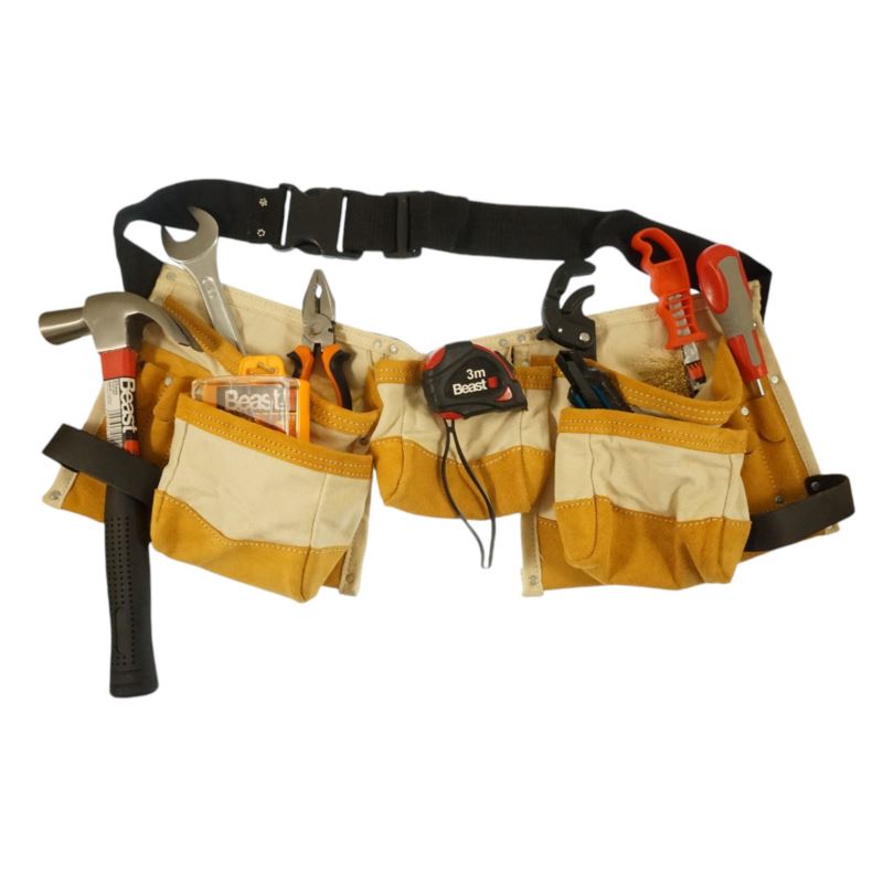 Assembly Tool Belt Canvas Leather 11 Pockets Beast