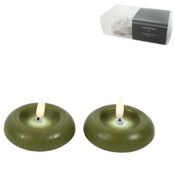 Countryfield Led Floating Candle Lyon Flame Effect Green 7.5 Cm Set Of 2