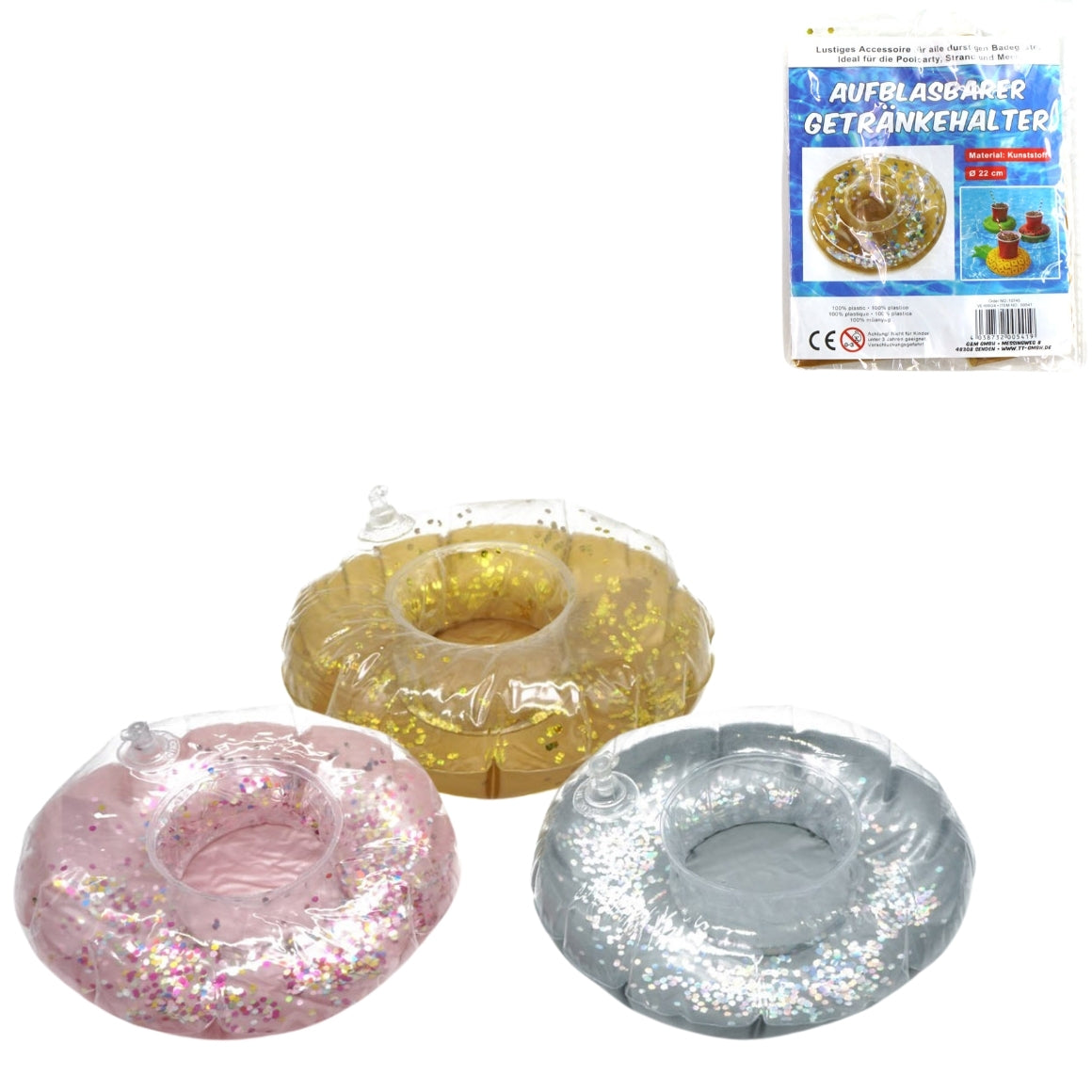 Inflatable Donut Glitter Cup Holder 22 Cm 3 Assorted