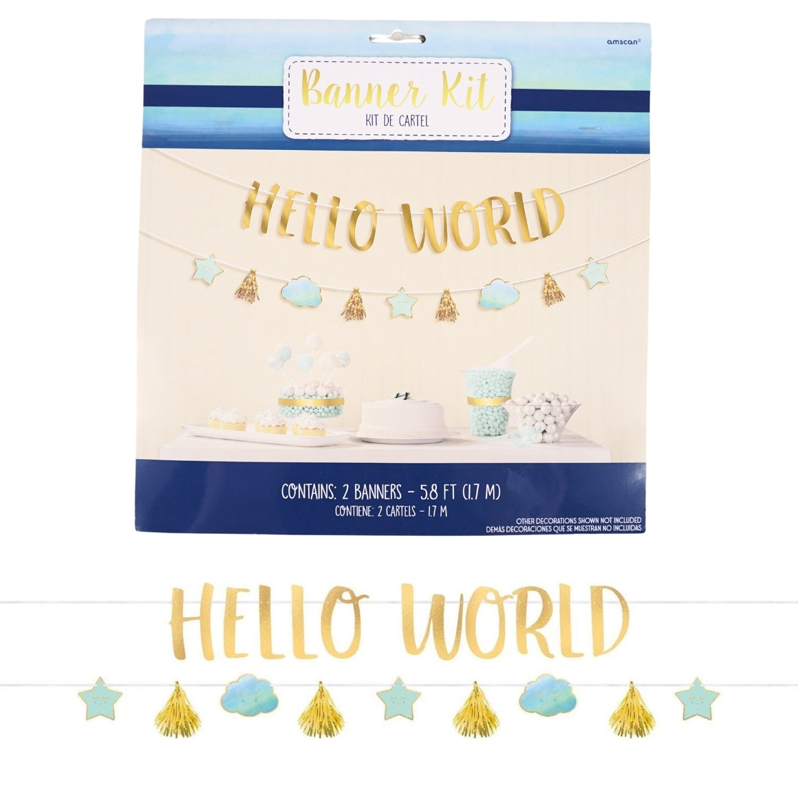Guirlande de lettres bébé garçon Hello World bleu/or 170 Cm
