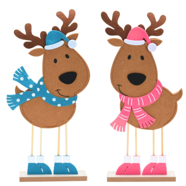 Decorative Reindeer On Base Felt Pink/blue 40 Cm 2 Assorted