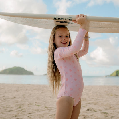 Swim Essentials UV-Badeanzug für Mädchen mit langen Ärmeln – Pink – Shell Tastic