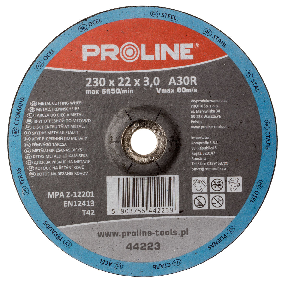Disco de corte para metal T42 230 x 3,0 x 22a30r Proline