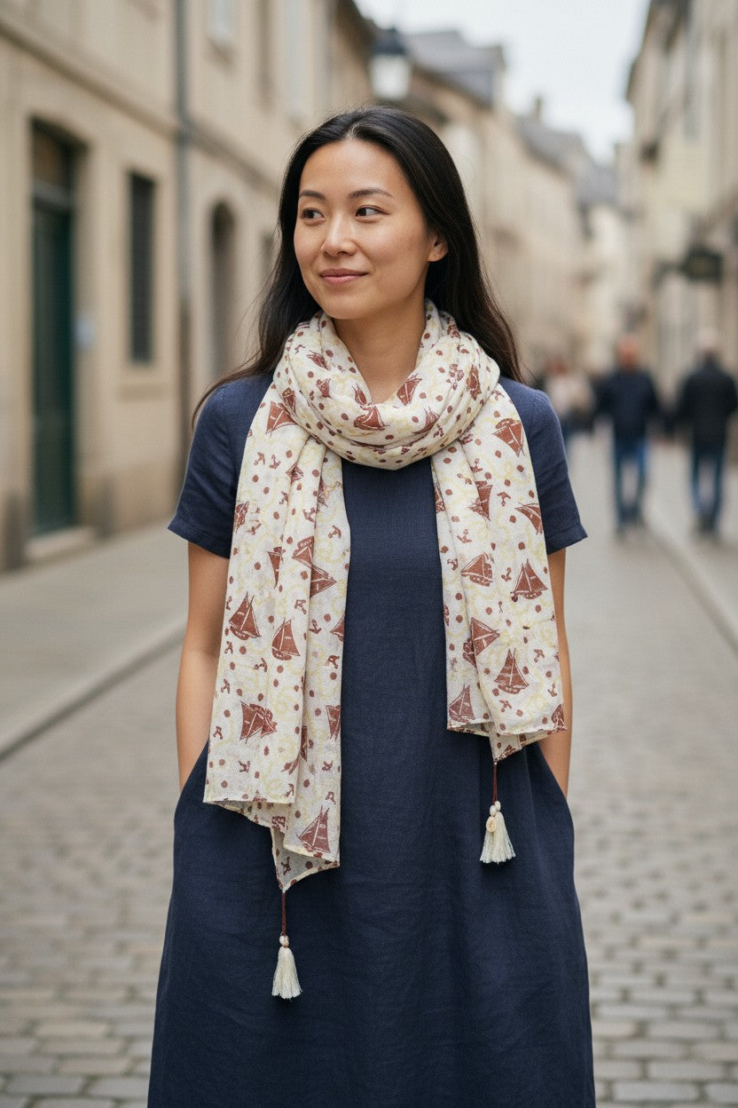 Maison Scotch Women Scarfwhite Pure Cotton Sailboat Print Bojt