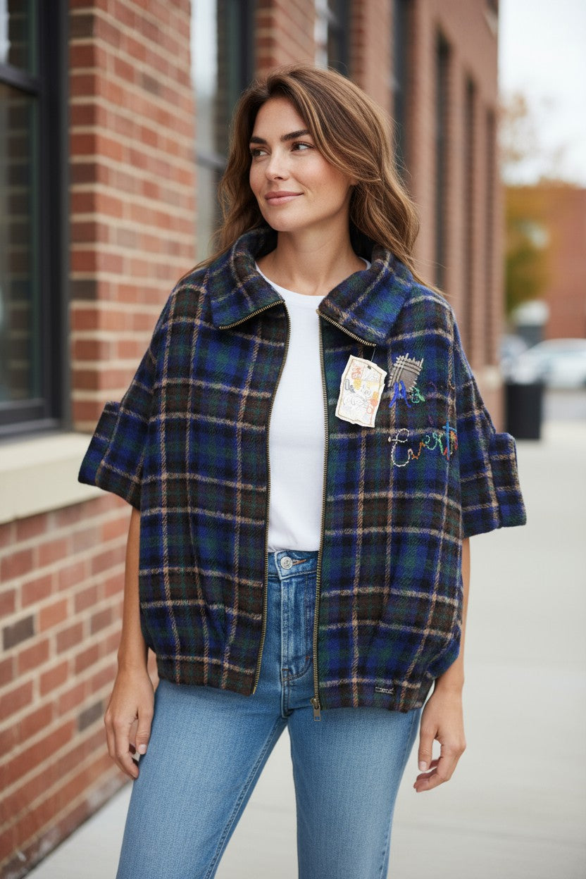 Desigual damski płaszcz w kolorze niebieskim z domieszką wełny w kratę, oversize kimono z rękawami